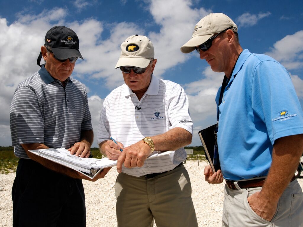 Golf course planning team reviewing development plans outdoors at Cap Cana under a blue sky.
